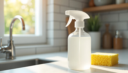 Cleaning Spray Bottle on Kitchen Sink with Sponge