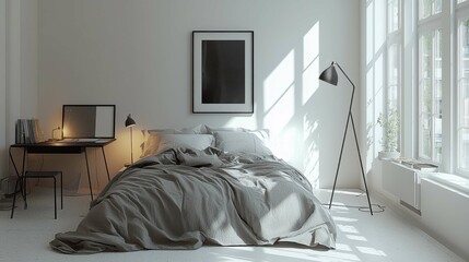 A minimalistic bedroom featuring a large bed, soft linens, and ample natural light streaming through large windows, creating a serene atmosphere.