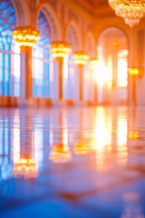 Arabic ornamental windows with sunset view. Abstract blurred background. Ramadan and Islamic holiday concept.  Image with copy space for banner and greeting card.