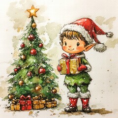 Cute Christmas Elf with Presents and Decorated Tree