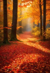 Fototapeta premium close composition vibrant autumn leaves showcasing rich colors detailed textures natural setting, foliage, nature, red, orange, yellow, green, wood