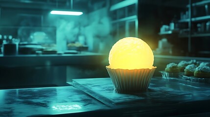 A glowing cupcake shaped like a luminous orb in a futuristic bakery 
