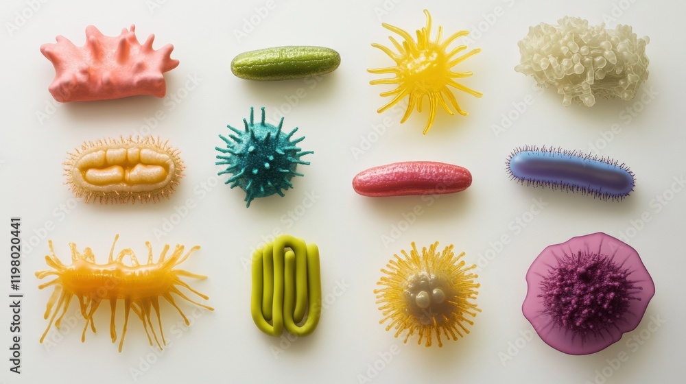 Aufkleber collection of different bacteria showcasing their unique shapes and colors during a scientific obser