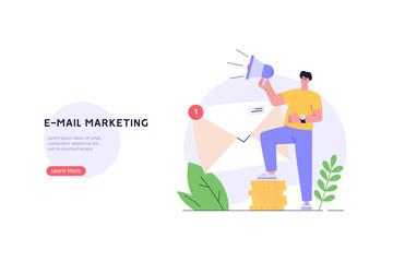 Person is using a megaphone to promote the benefits of email marketing. Concept of email marketing promotion, mail campaign, newsletter mail sending. Vector illustration in flat cartoon design.