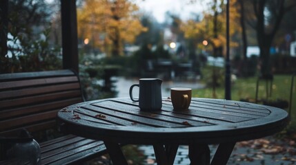 Fototapeta premium Two mugs on wet wooden table outdoors in autumn rain.
