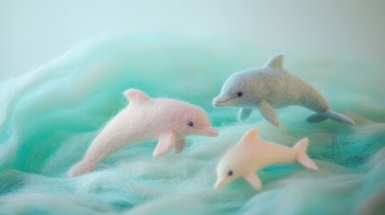 Three adorable needle felted dolphins leap playfully on a bed of teal wool.