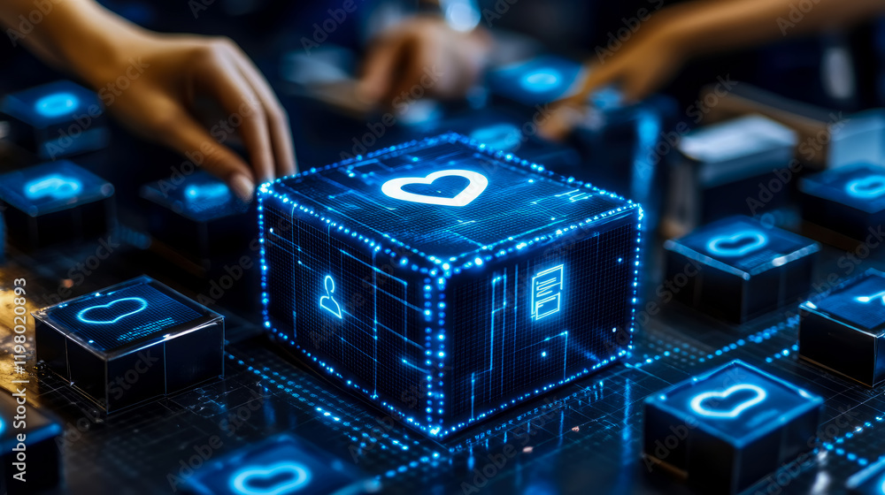 Poster digital heart: a futuristic data cube representing connection and information