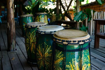 Traditional drums with vibrant green and yellow patterns rest on a wooden porch, creating a scene of cultural richness and musical anticipation