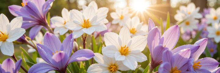 Fototapeta premium White and purple flowers blooming in sunlight with soft focus 