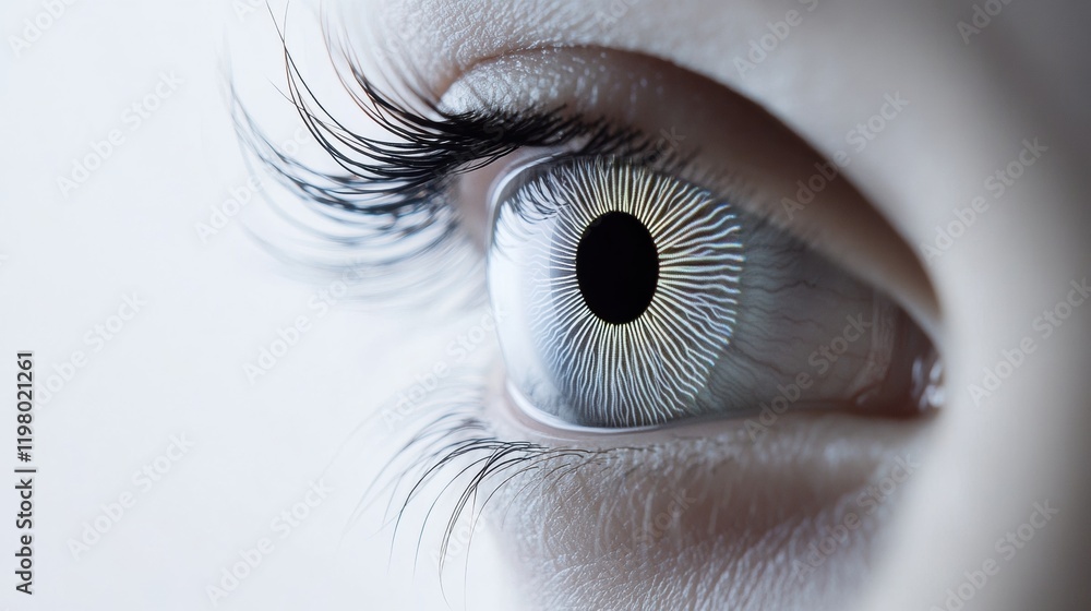 Poster close view of a human eye showcasing detailed iris patterns and striking eyelashes in soft lighting.