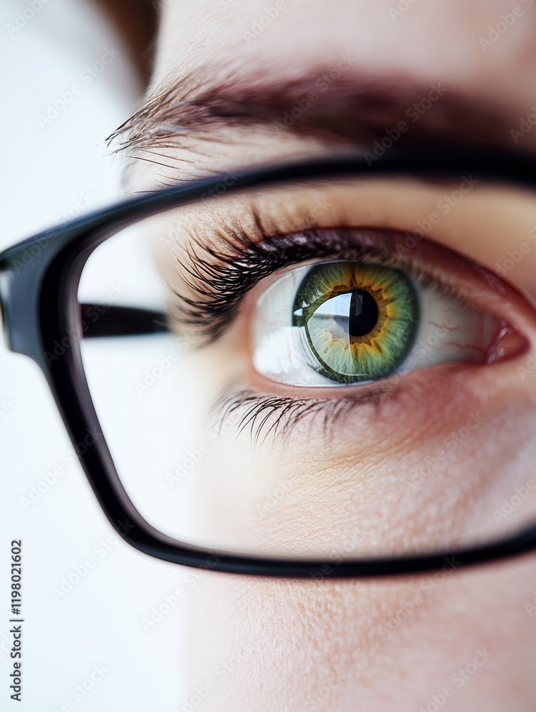 Fototapete Close up view of a human eye displaying intricate patterns and colors with glasses on an individual. Generative AI