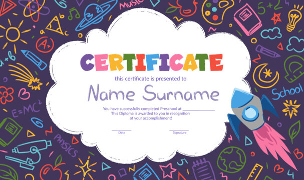 School diploma, certificate template with rocket for kids in kindergarten or primary grades. Cartoon vector illustration with doodle school objects, supplies, books, rocket, stars - Powered by Adobe
