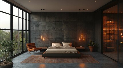 A sleek industrial bedroom featuring raw materials and large windows, showcasing a stylish and spacious interior.
