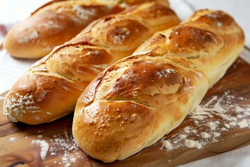 Three golden brown baguettes sit on a wooden cutting board, dusted with flour, showcasing their crusty texture