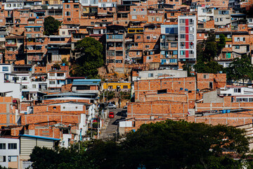 Fototapeta premium Photo showcasing favela-style homes in Floridablanca, with tightly packed brick and concrete structures cascading down a hillside