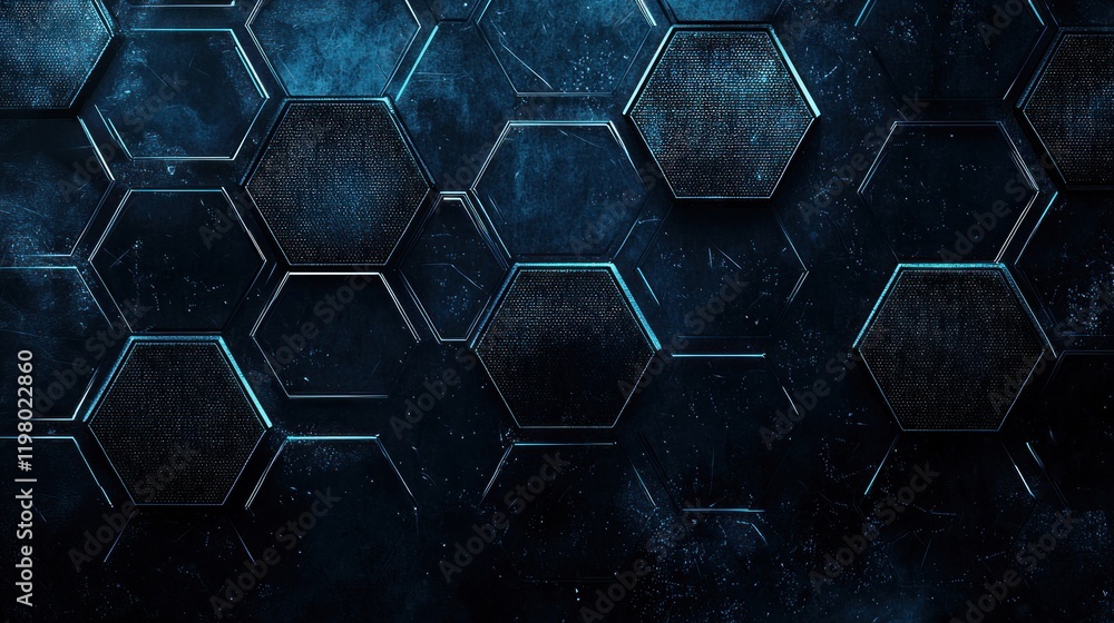 Poster abstract dark blue metallic hexagonal pattern background.