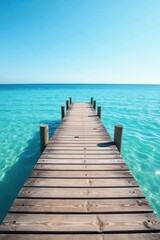 Fototapeta premium Rustic wooden dock extends into calm blue sea, bright sky backdrop , relaxation, turquoise, ocean