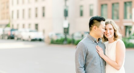 Fototapeta premium Man and woman are hugging on a street