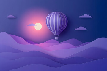 Obraz premium Future Dusk: Serene Hot Air Balloon Over Colorful Hills at Sunset, Perfect for Backgrounds and Design