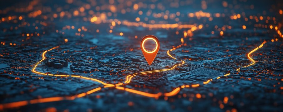 Futuristic city map shows glowing route, location pin. Destination highlighted on tech map. Urban planning concept. Glowing roads, city blocks. Navigation system highlighted. Modern city design.