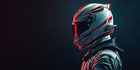 A side profile of a racer donning a red and black helmet with a tinted visor, subtly backlit for emphasis, set against a dark, moody backdrop for a dramatic effect.