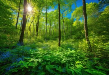 Obraz premium vibrant lush forest landscape showcasing vivid foliage textures rich greens under clear blue sky, trees, greenery, leaves, branches, sunlight, wildlife
