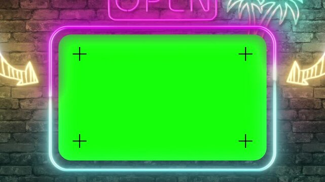 4K Screen with chroma key on a brick wall. Zooming to brick wall with neon signs. Retro neon signage on brick. Neon LED sign. Looping animation.