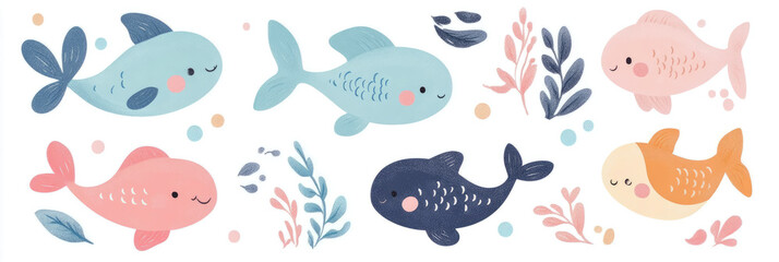 Adorable Aquatic Life: Six Cute Fish and Seaweed Illustration