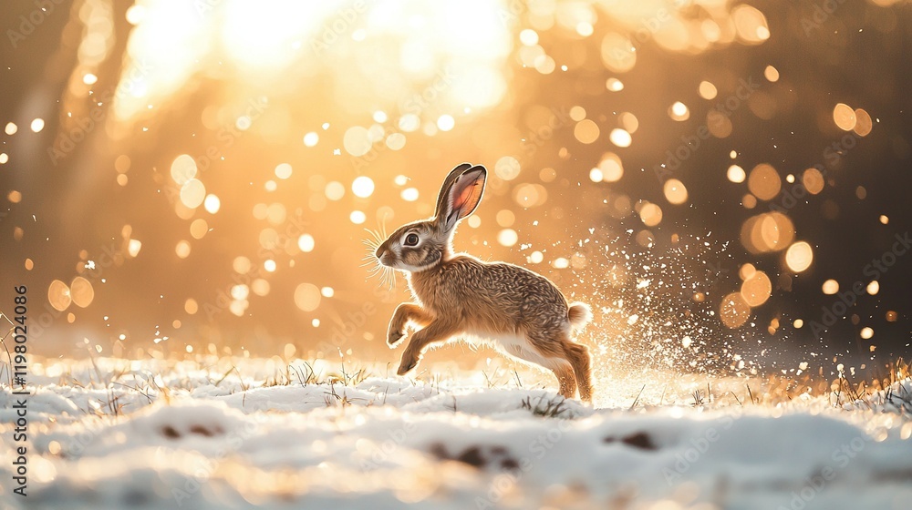 Poster a small rabbit sprints through snow-covered fields under bright sunshine, surrounded by swaying tree