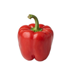 Vibrant red bell pepper sliced open showing seeds on gray background