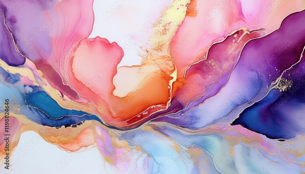 Poster Vibrant Watercolor Abstraction Hand Painted Masterpiece Capturing the Essence of Whimsical Fluidity and Colorful Dynamics at Twilight.