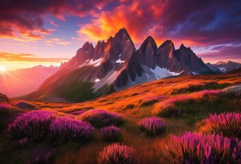 Obraz premium majestic mountain landscapes showcasing grandiosity through stunning vibrant skies, nature, peak, valley, sky, terrain, rock, vista, summit, horizon