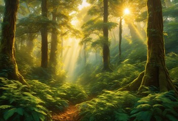 breathtaking visualization sunlight streaming through contemplative depths enchanting forest, autumn, branches, beauty, bloom, canopy, dappled, foliage