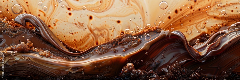Poster swirls of rich chocolate and caramel with bubbles in close-up motion. concept of indulgence and text