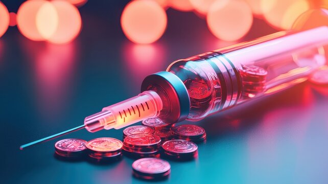 A syringe lies on scattered coins, illuminated by vibrant lights, symbolizing themes of health and economics.