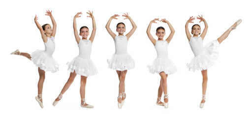 Small ballerina practicing dance moves on white background, collage of photos © New Africa