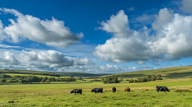 Cows grazing in a green pasture with rolling hills and clouds in the sky