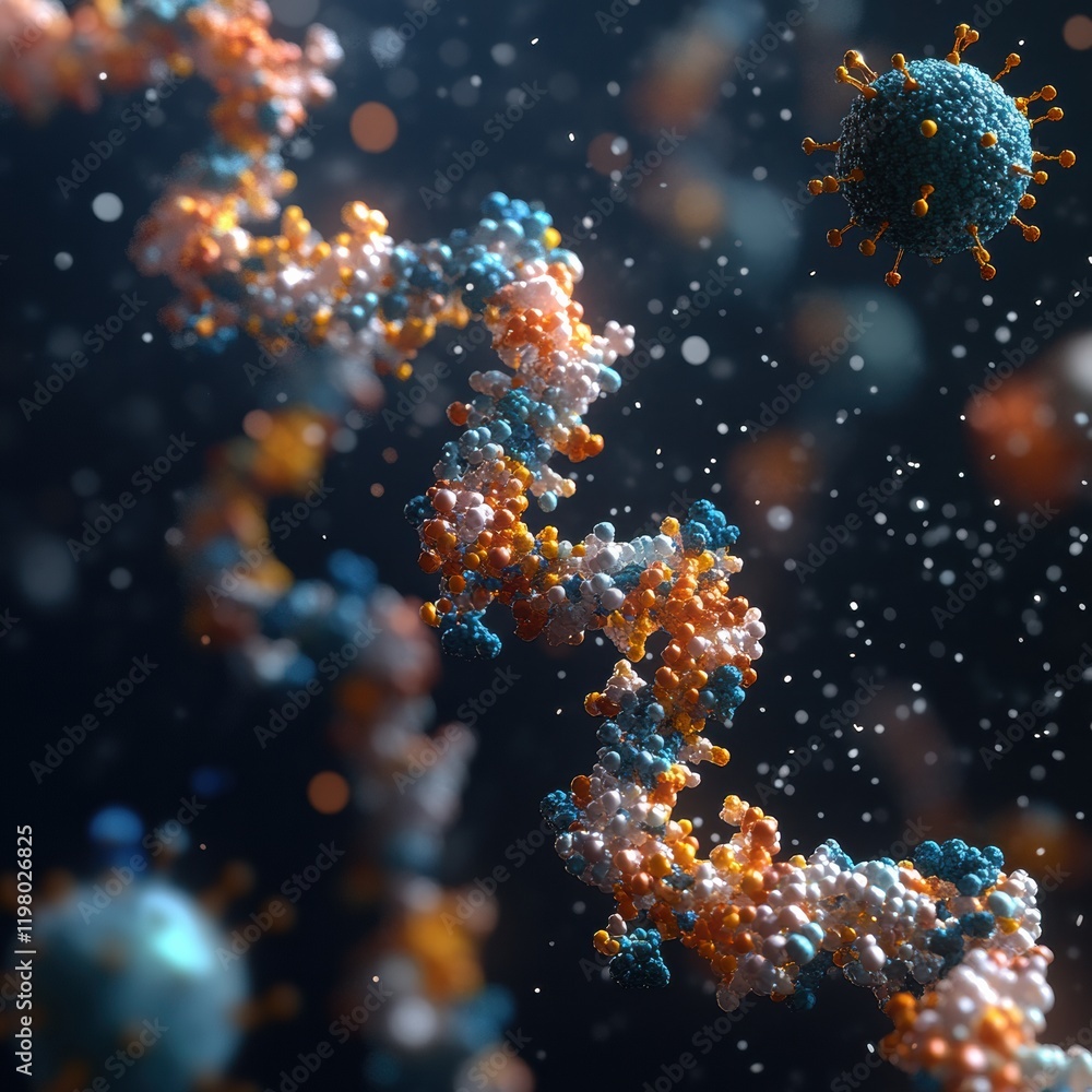 Fototapete molecular rna chain intertwined with viruses in a dynamic close up exploration of biological interac