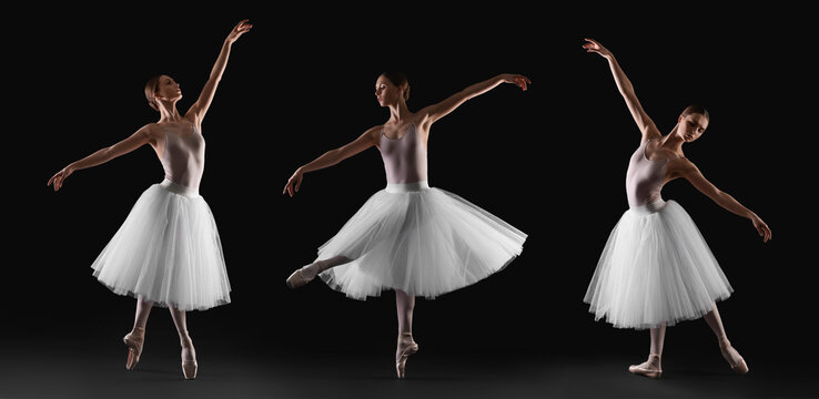 Graceful young ballerina practicing dance moves on black background, collage of photos