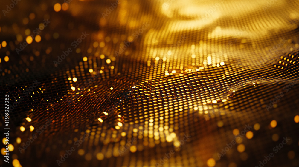 Poster close-up of golden sparkling texture with glowing bokeh and metallic surface