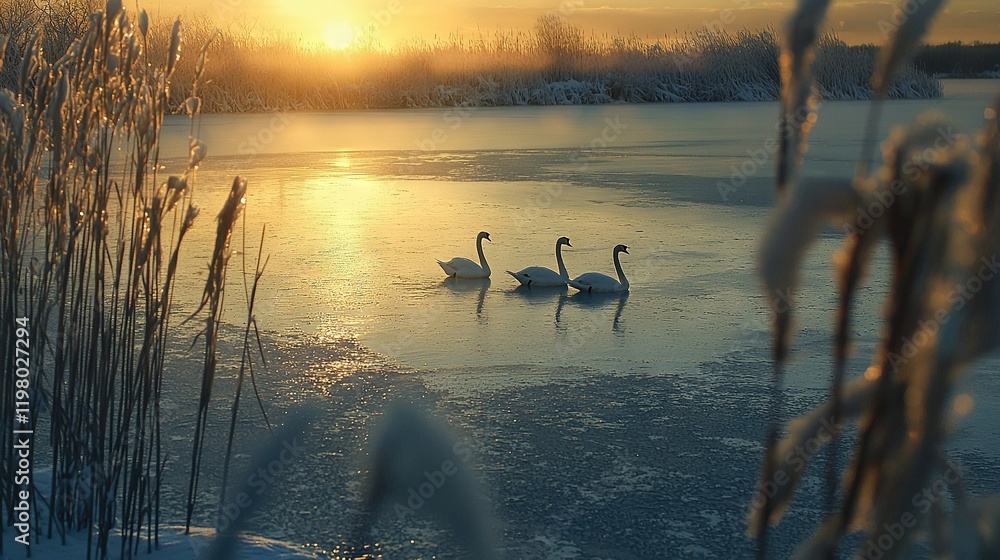 Poster a pair of swans gliding on a frozen lake in view of tall grass and snow-covered fields