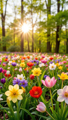 Fototapeta premium Vibrant spring flowers in a sunlit forest meadow 