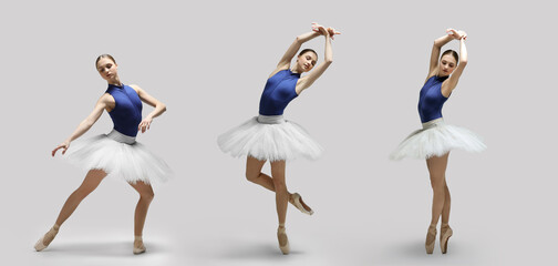 Graceful young ballerina practicing dance moves on light grey background, collage of photos