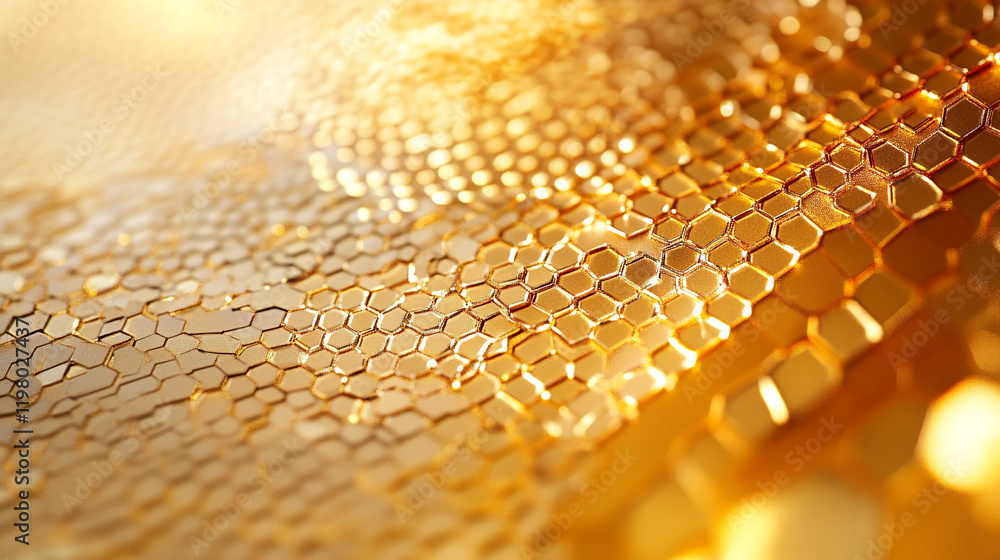 Wall mural close-up of golden hexagonal pattern with shimmering light and metallic texture
