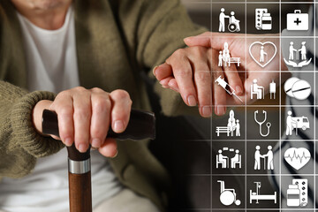 Caregiver and elderly woman, closeup. Healthcare icons