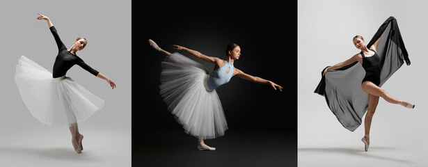 Graceful young ballerina practicing dance moves, collage of photos on different backgrounds