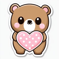Cute brown bear holding pink heart, on white background, for sticker or greeting card