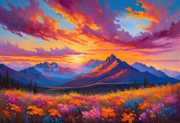 Obraz premium breathtaking vibrant sunset casting colorful hues over expansive mountain range majestic scenic view, sky, landscape, nature, horizon, dusk, clouds, orange