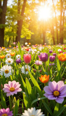 Obraz premium Colorful spring flowers blooming in a sunlit forest meadow 