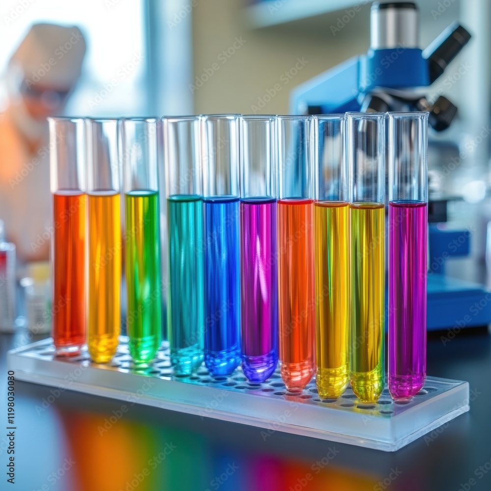 Aufkleber colorful test tubes arranged in a laboratory setting showcasing various chemical solutions under bri